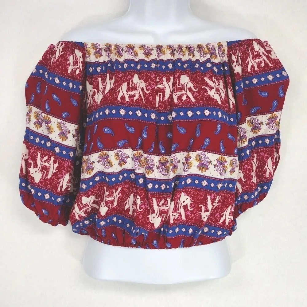 Womens M Crop Top Red Elephant Paisley Off Shoulder Boho Cotton Festival Hippie